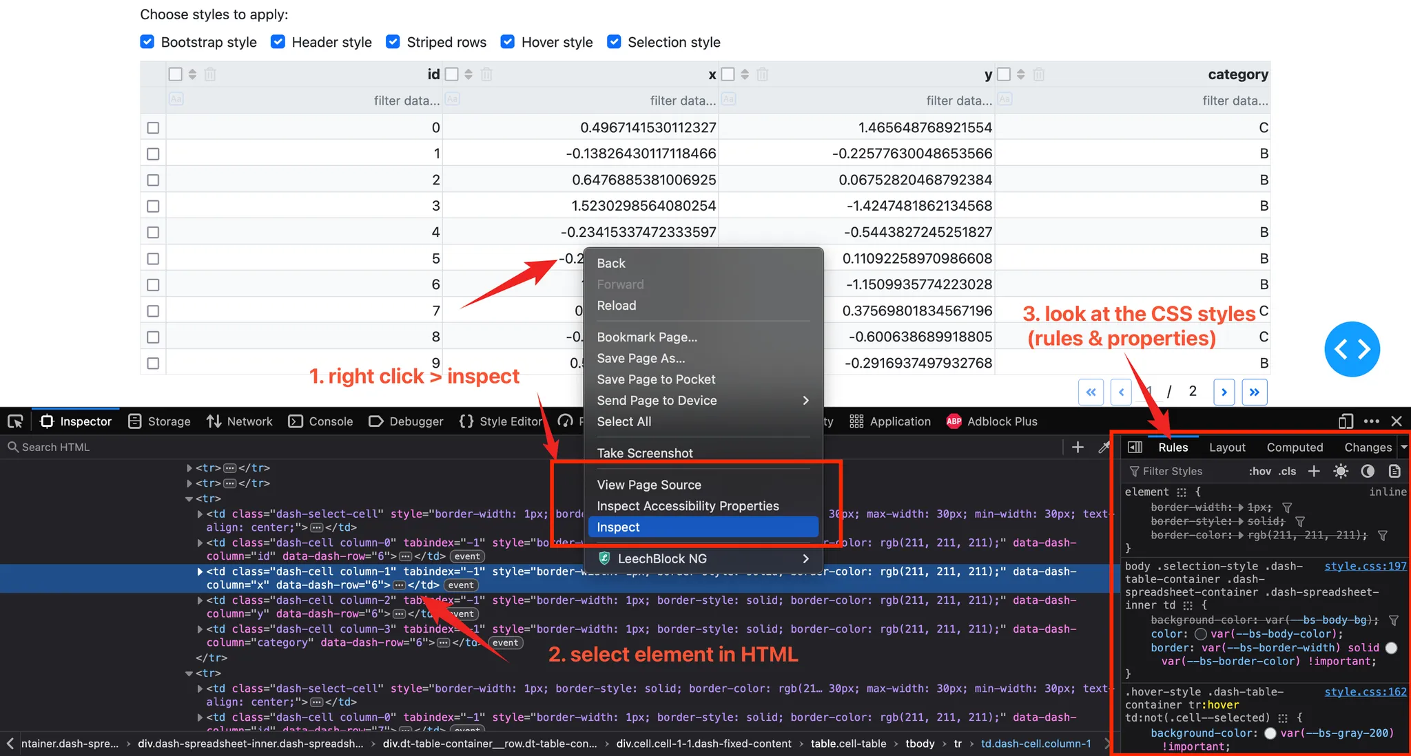 Illustration: how you can find and debug CSS styles in the browser.