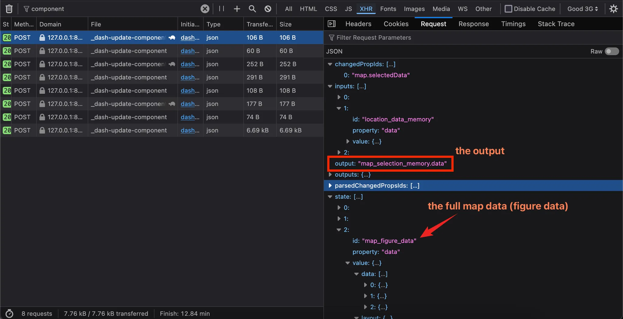 Illustration of debugging the inputs/states/outputs of a callback request